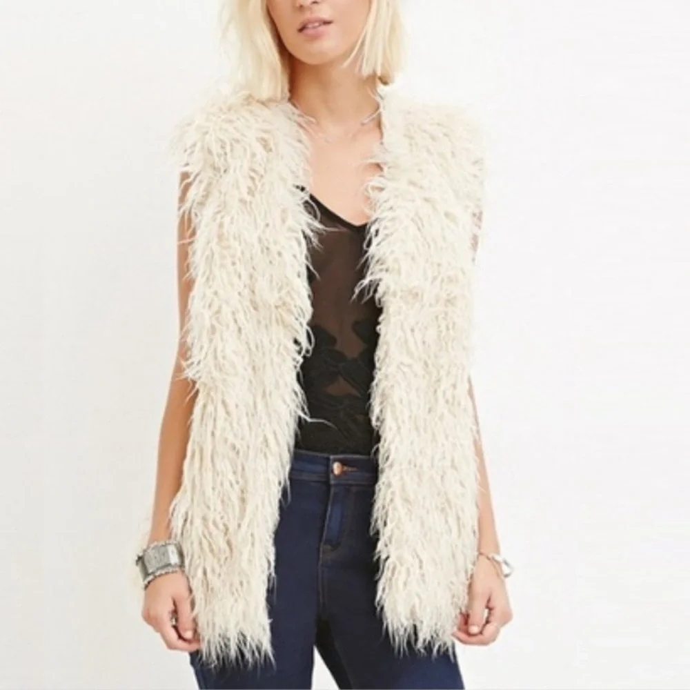 I Love H81 Los Angeles California - Boho Cream Faux Fur Shaggy Long Vest Sz S/M